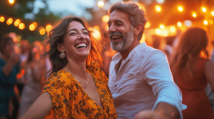 Happy mature couple is dancing at summer garden party