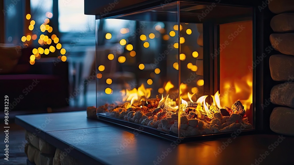 Poster a cozy fireplace with glowing flames, surrounded by soft bokeh lights, creating a warm and inviting 