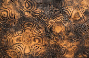 Close-up of tree rings with the wood grain visible and cross sections 