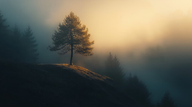 Lonely pine tree standing on hill in foggy forest at golden hour