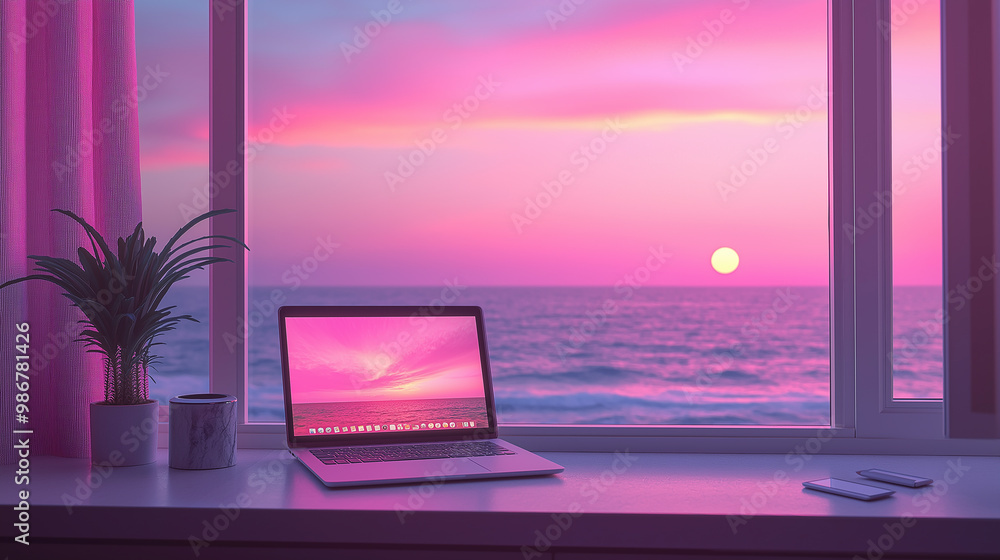 Poster laptop showing sunset over ocean on window ledge with plants and phone