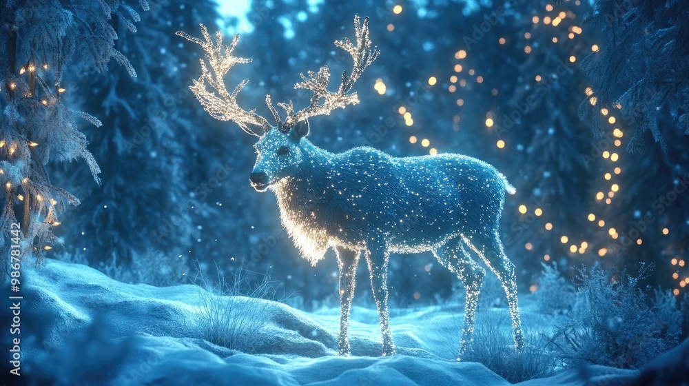 Poster a magical reindeer adorned with glowing lights, set against a snowy forest backdrop, creating a sere