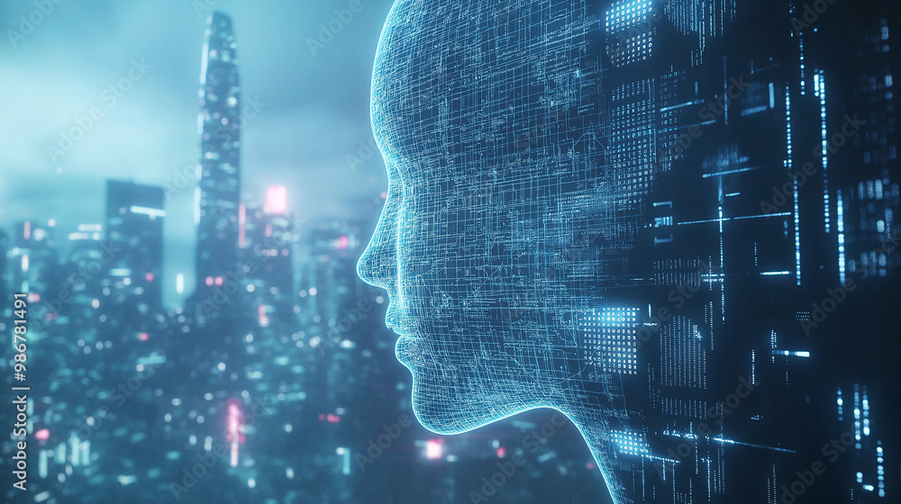 Aufkleber artificial intelligence processing data of city skyline at night