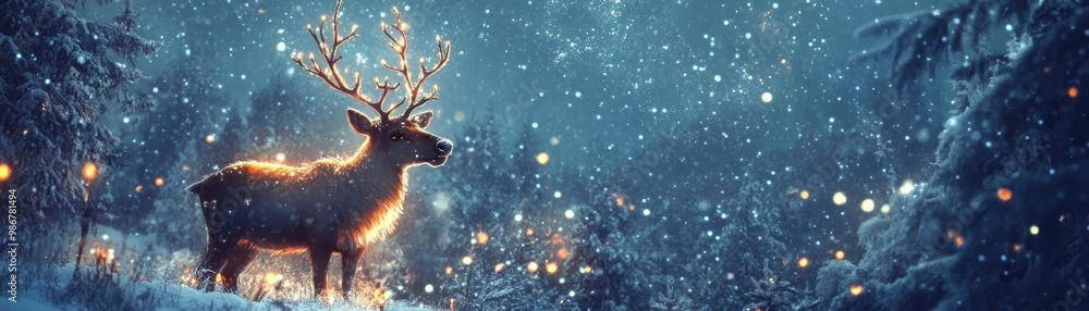 Poster a majestic deer illuminated by soft lights in a snowy forest, creating a magical winter scene filled