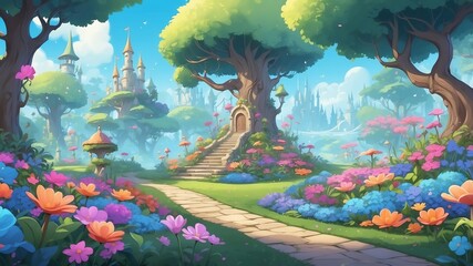 Fototapeta premium Dreamy Garden of Wishes Cartoon Background Design