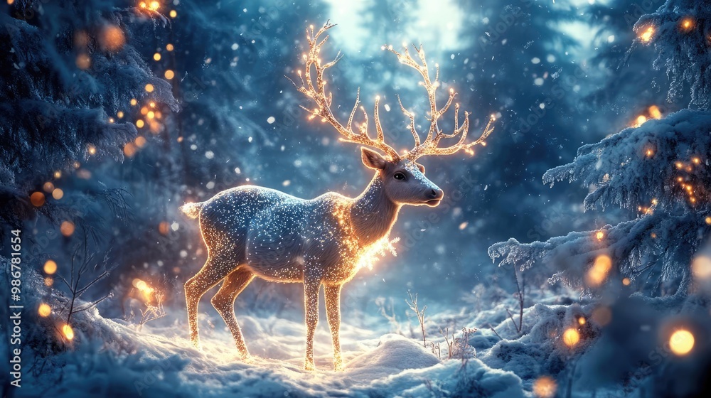 Poster a magical winter scene featuring a glowing deer surrounded by snow and sparkling lights in a serene 