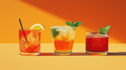 Three colorful cocktails standing on orange background with harsh shadows