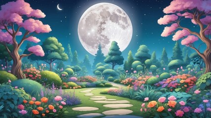 Dreamy Garden Under a Full Moon Cartoon Background Design