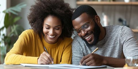 Creating life goals together can be joyful experience for couple, as they smile and write down their aspirations. This moment captures their connection and shared dreams