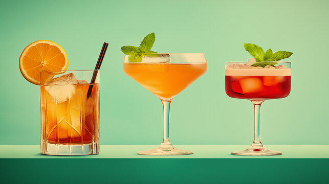 Three colorful cocktails standing on bar with mint and citrus garnish
