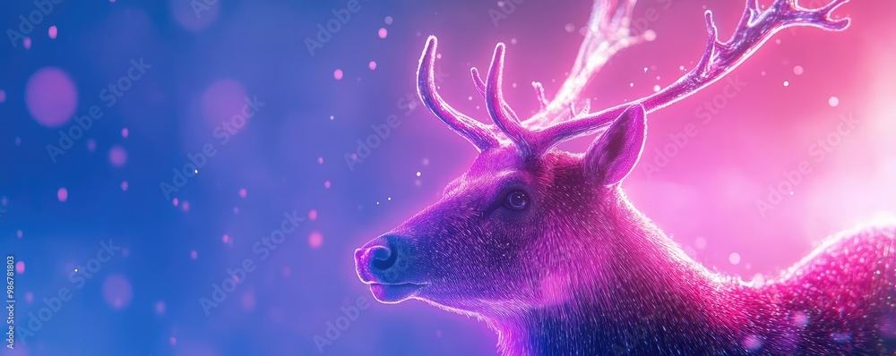 Poster a colorful and mystical portrait of a deer with vibrant lighting, capturing the essence of nature an
