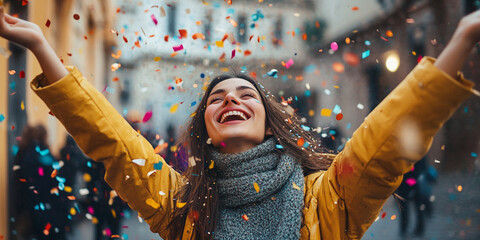 A person celebrating New Year with confetti, joyfully expressing happiness in vibrant street scene. colorful confetti adds to festive atmosphere, creating moment of pure delight