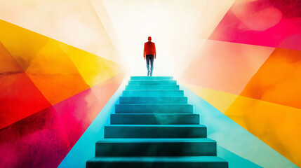 Businessman climbing stairs to bright light future success