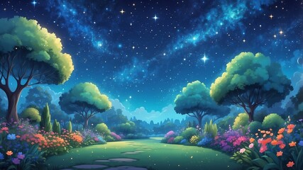 Obraz premium Dreamy Starry Sky Over Garden Cartoon Background Design