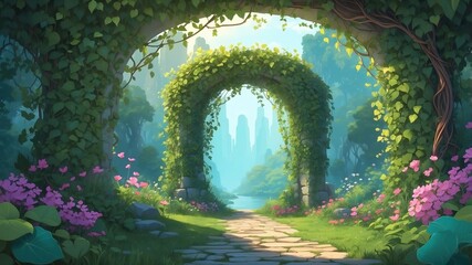 Obraz premium Enchanted Archway Covered in Vines Cartoon Background Design