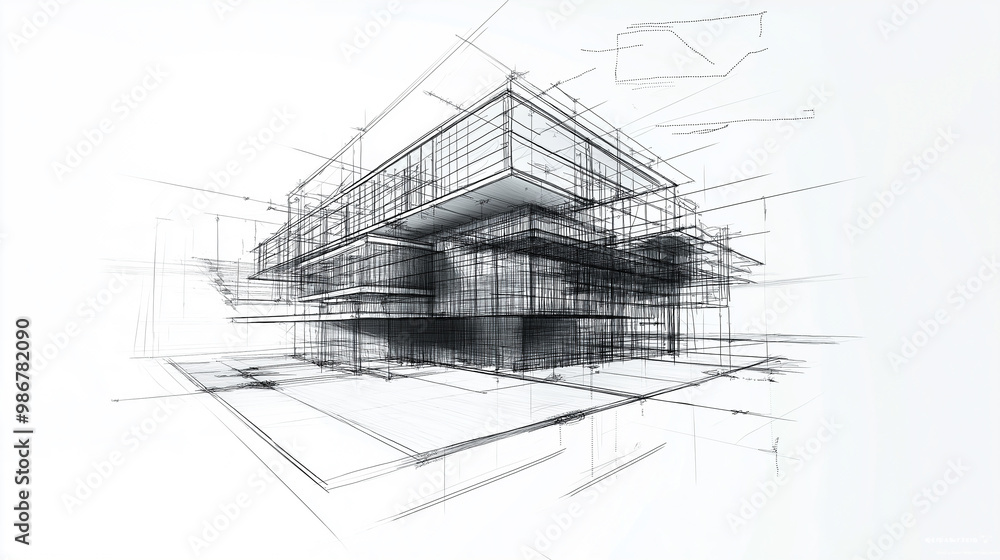 Poster modern architecture building design being drawn by an architect