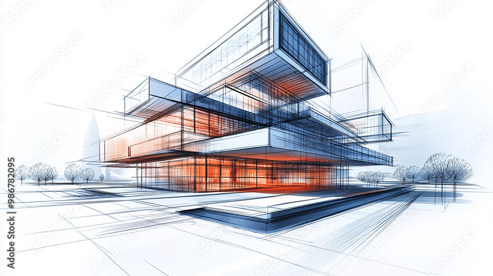Poster modern architecture design building with abstract lines