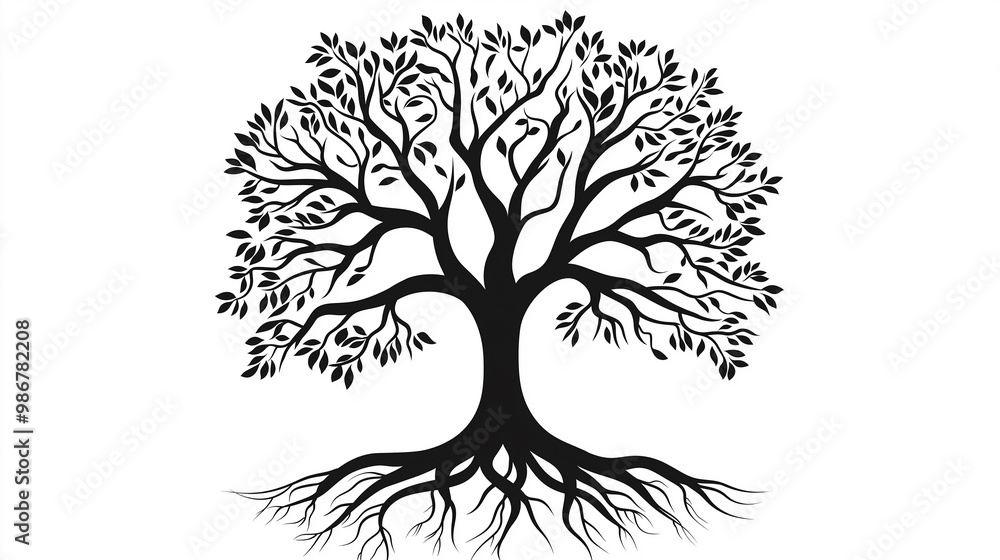 Poster black tree silhouette showing roots and branches spreading