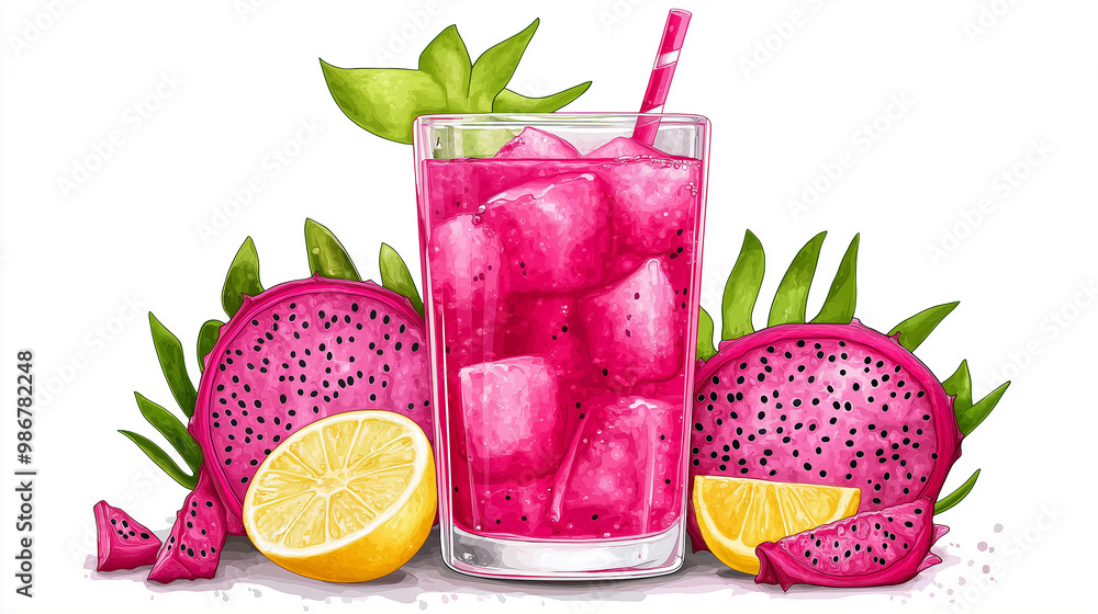 Aufkleber refreshing dragon fruit and lemon juice with ice cubes is surrounded by fruits and palm leaves