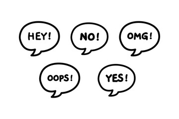 Hand drawn speech bubble doodle set. Hey, yes, no, omg, oops. Outlined decorative vector design isolated illustration.