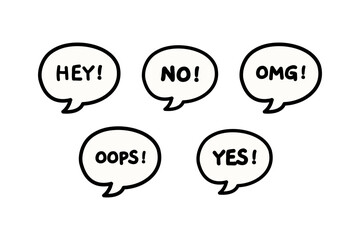 Hand drawn speech bubble doodle set. Hey, yes, no, omg, oops. Colored outline decorative vector design isolated illustration.