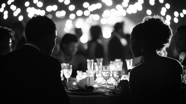 Couple enjoying romantic dinner at gala event with blurred guests in background