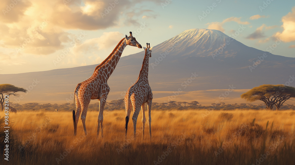 Wall mural Two giraffes standing on savannah with mount kilimanjaro in background