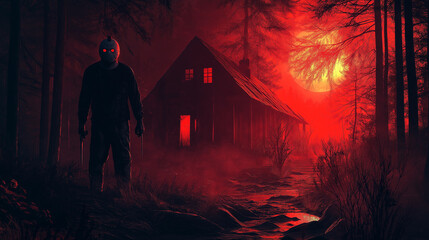 Masked killer holding knives standing in forest near cabin at night with red moon