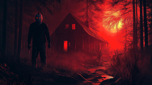 Masked killer holding knives standing in forest near cabin at night with red moon