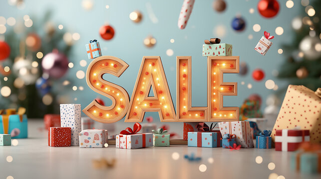 Christmas sale sign surrounded by presents and falling gift boxes