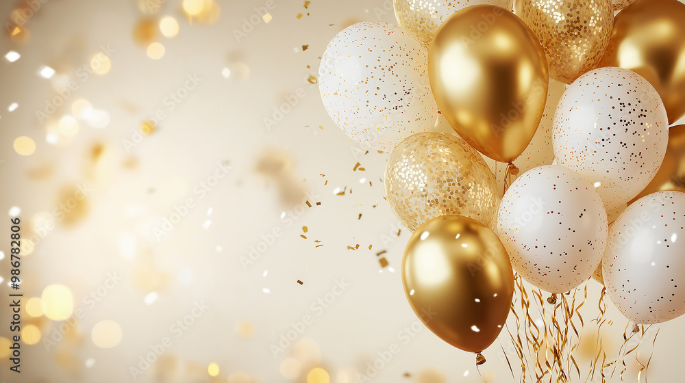 Poster gold and white balloons floating with falling confetti on a light background