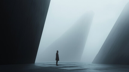 Man standing alone in empty foggy futuristic concrete space