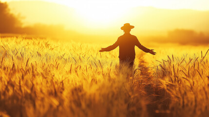 Farmer standing in wheat field at sunset with open arms