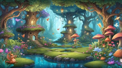 Fototapeta premium Enchanted Garden with Magical Creatures Cartoon Background Design
