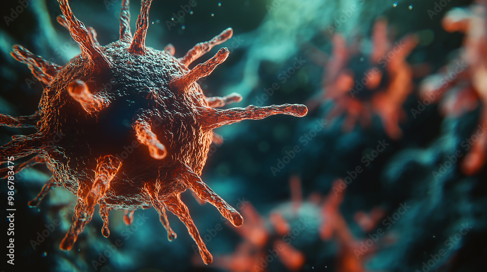 Poster microscopic view of virus cells floating in a body