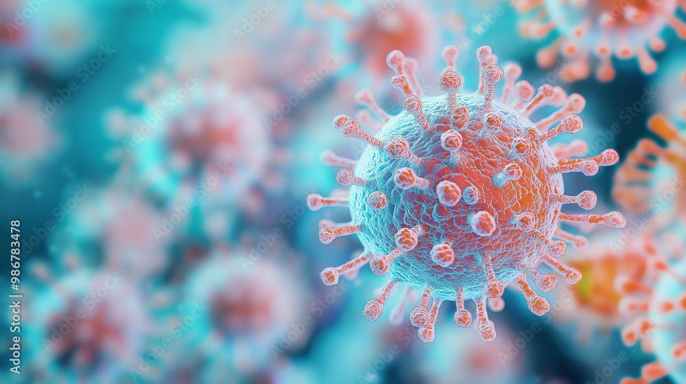 Poster coronavirus covid 19 cell under the microscope floating with other viruses in the background