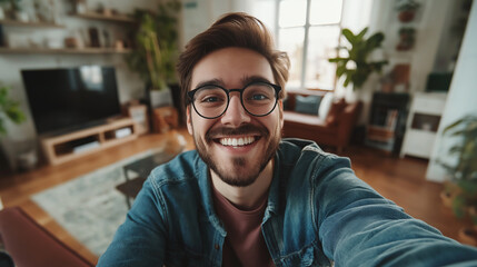 Obraz premium Happy young man taking a selfie at home smiling and wearing glasses