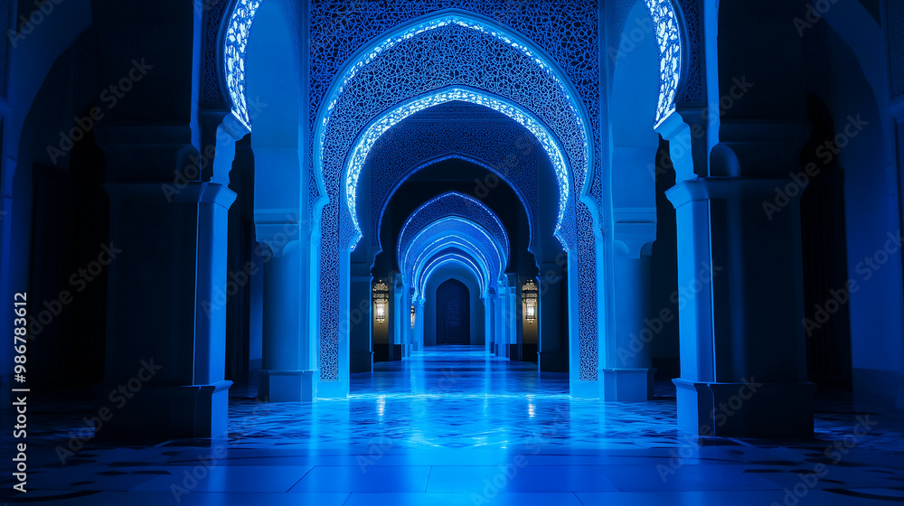 Poster blue light illuminating corridor with arches and columns in mosque