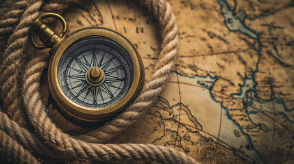 Antique brass compass resting on an old map and surrounded by a hemp rope