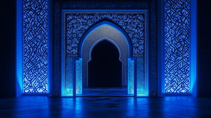 Ornate archway illuminating blue islamic architectural detailing