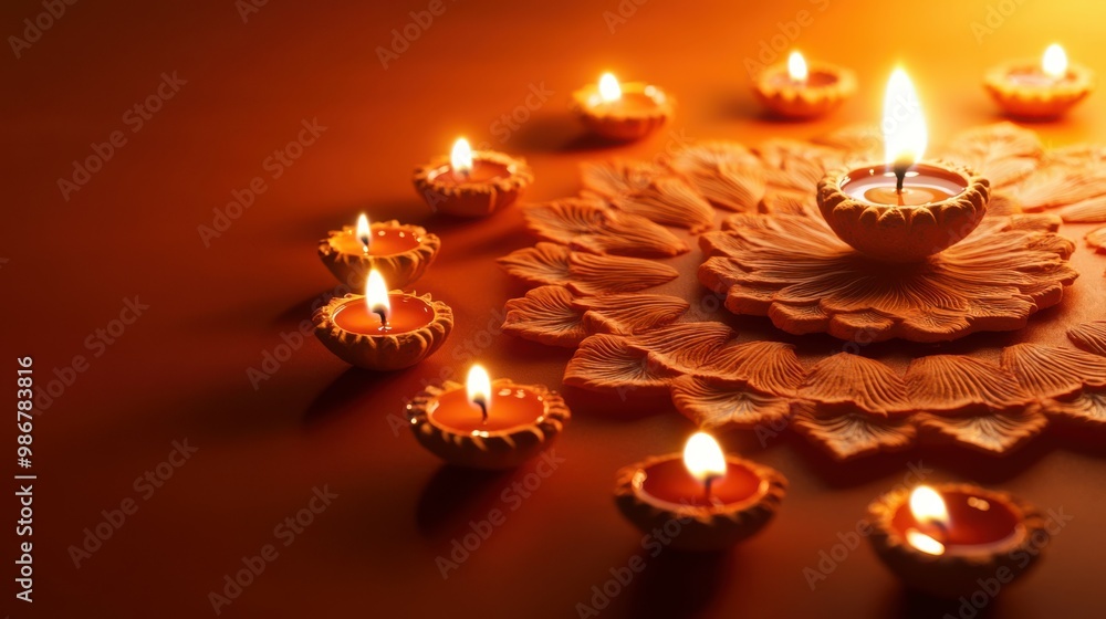 Aufkleber multiple diyas arranged in a spiral pattern around an intricate flower petal rangoli, low angle view