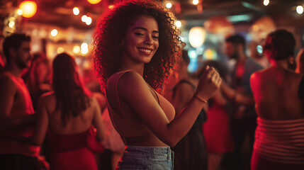 Woman enjoying nightlife dancing at crowded concert