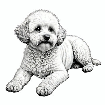 Black and white illustration of a bichon frise dog lying down, dog breed clip art design element