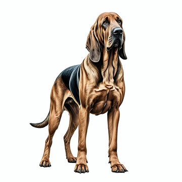 recommend clip art: Bloodhound standing and looking on white background, big dog clip art design element portrait