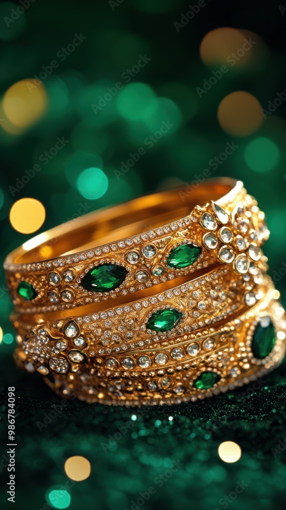 Poster ornate bangle set with embedded gems, resting on a dark emerald green backdrop with bokeh accents, c