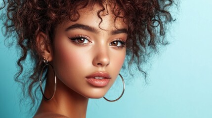 Fototapeta premium Close-up of a young woman with curly hair and hoop earrings, looking confidently at the camera, isolated on a pastel blue background.