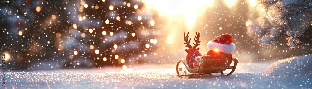 Poster a festive winter scene featuring a reindeer with a santa hat on a sled surrounded by falling snow an