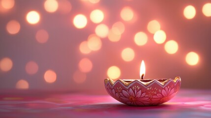 Ornate diya with hand-painted floral design, placed on a pastel pink backdrop with glowing bokeh lights, copy space, happy Diwali background, traditional, Indian festival