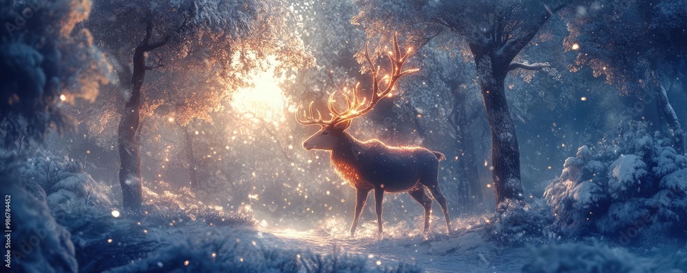 Poster a mystical deer standing in a magical forest with glowing lights and enchanting atmosphere, perfect 