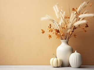 Photo of dry flowers in minimalist pot as houseplant for home decoration on table.
